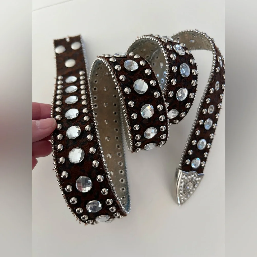 Leather Leopard‎ Print Rhinestone Silver Metal Western Studded Belt